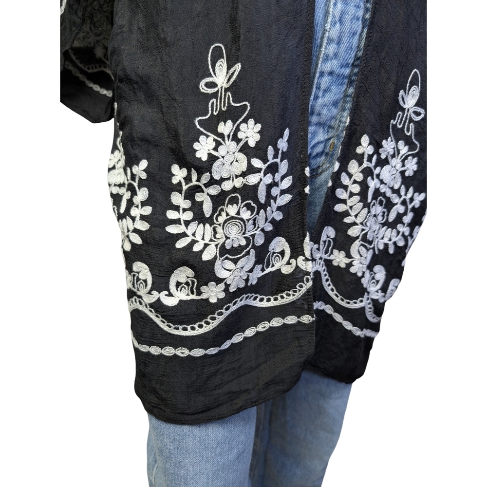 Sheer Black Embroidered Kimono Cardigan | Floral Stitch Detail | One Size - Picture 3 of 7